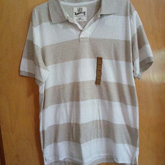 Roebuck & Co Polo Shirt Mens Large TAN White Striped Short Sleeve NWT - Picture 2 of 16
